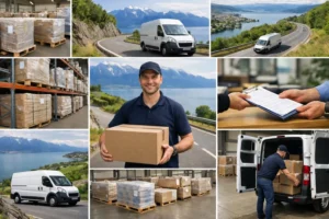 Société transport b2b suisse romande. Collage montrant vans, livreurs et colis pour livraisons efficaces.