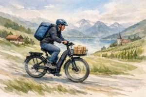 Illustration aquarelle: coursier vélo livrant un colis rapidement en Suisse romande. Livraison urgente en moins de 2h.