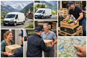 Collage photo des avantages d'un transporteur local suisse: camionnette en montagne, livraison rapide de produits frais, clie