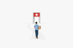 Illustration minimaliste: personne déménageant petit budget en Suisse, chemin vers un guide complet 2026.