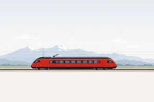 Train suisse rouge filant à travers le paysage, illustrant le transport longue distance fiable et rapide.