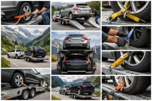 Images de transport avec remorque pour véhicules jusqu'à 3.5 tonnes en Suisse, montrant chargement sécurisé et trajet montagn