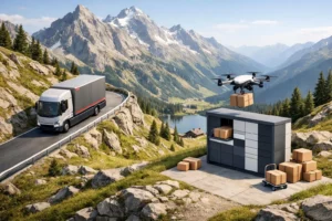 Transporteur professionnel suisse innovant en 2026: camion électrique et drone livrant en paysage alpin stylisé.