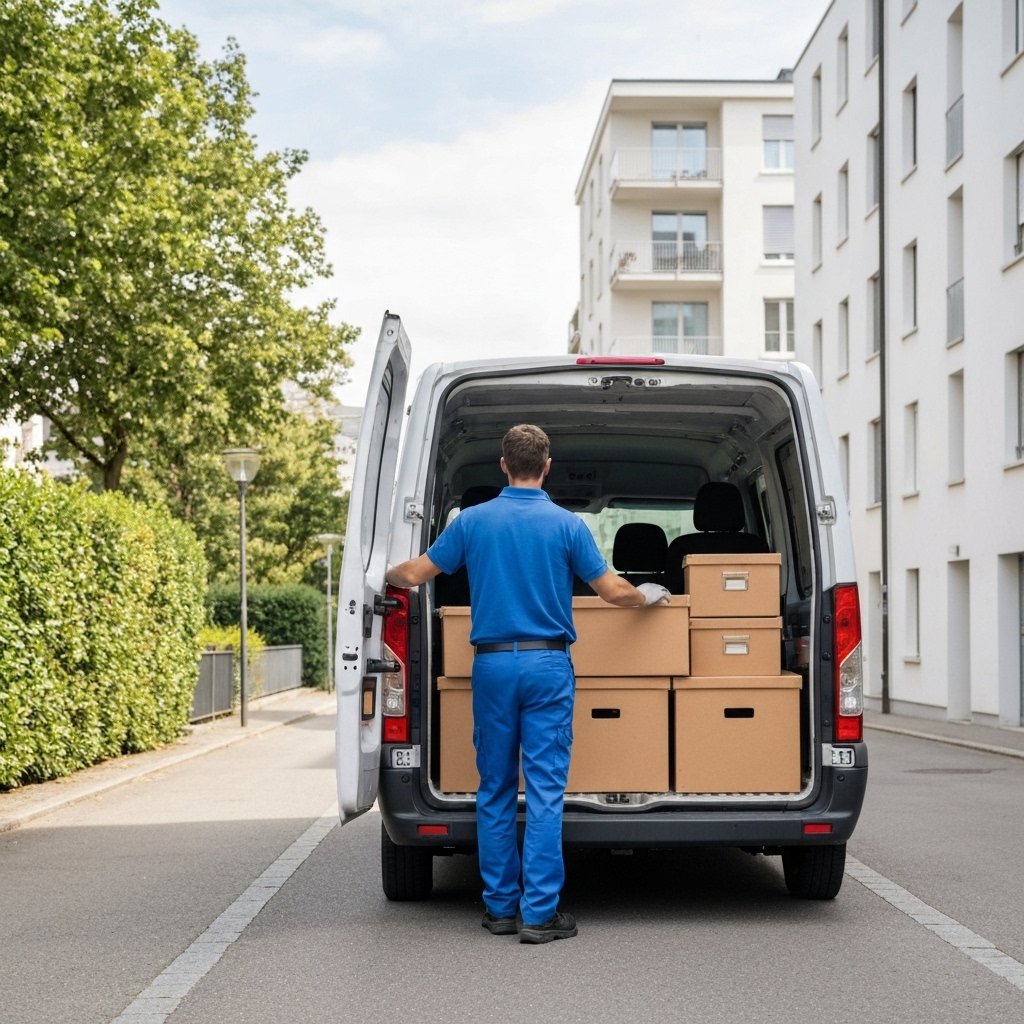 Professional truck driver in blue uniform helping carry moving boxes from 20m3 van, Swiss suburban residential street with modern apartment buildings in background, natural daylight