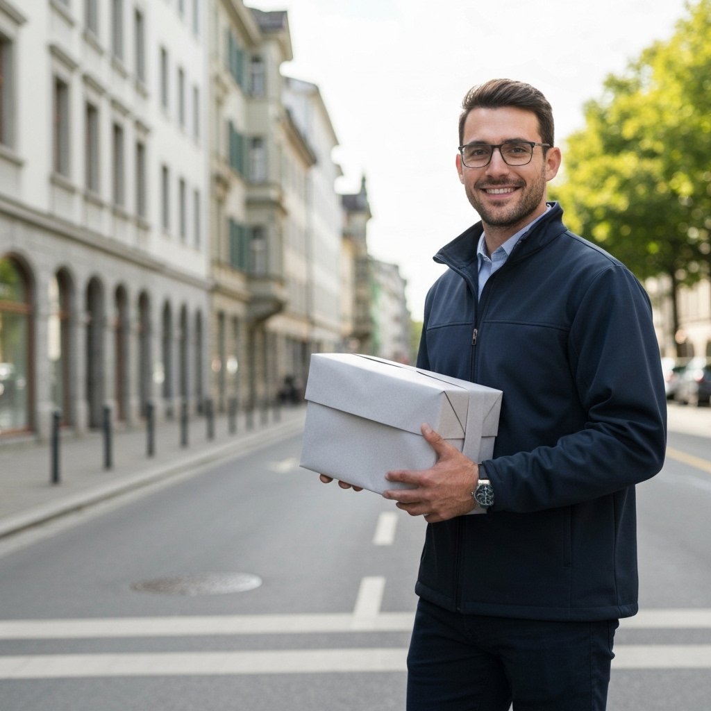 Livreur professionnel en uniforme portant un colis urgent marchant d'un pas rapide dans une rue urbaine moderne de Zurich avec des bâtiments contemporains en arrière-plan