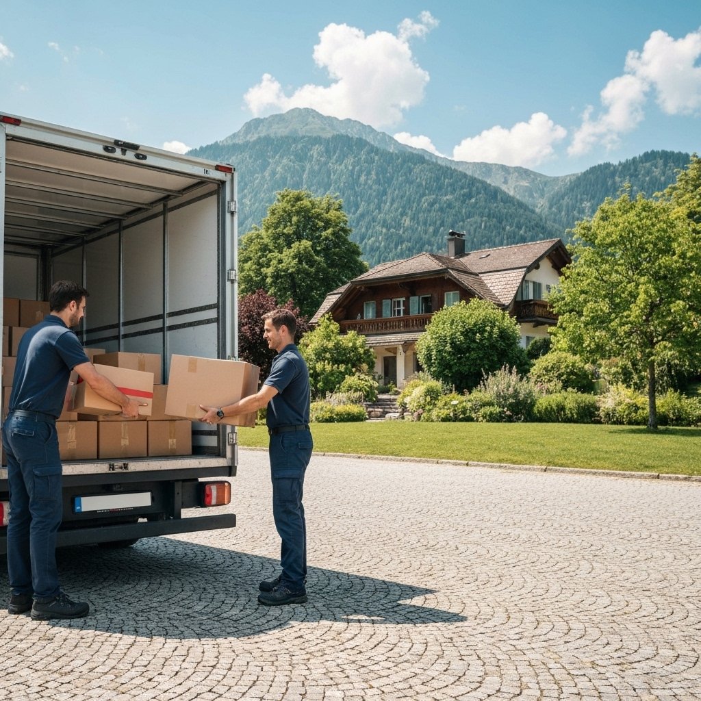 Livreur professionnel en uniforme déchargeant des cartons de différentes tailles depuis un camion de transport devant une villa suisse typique avec jardin fleuri et Alpes en arrière-plan, scène de jour ensoleillé