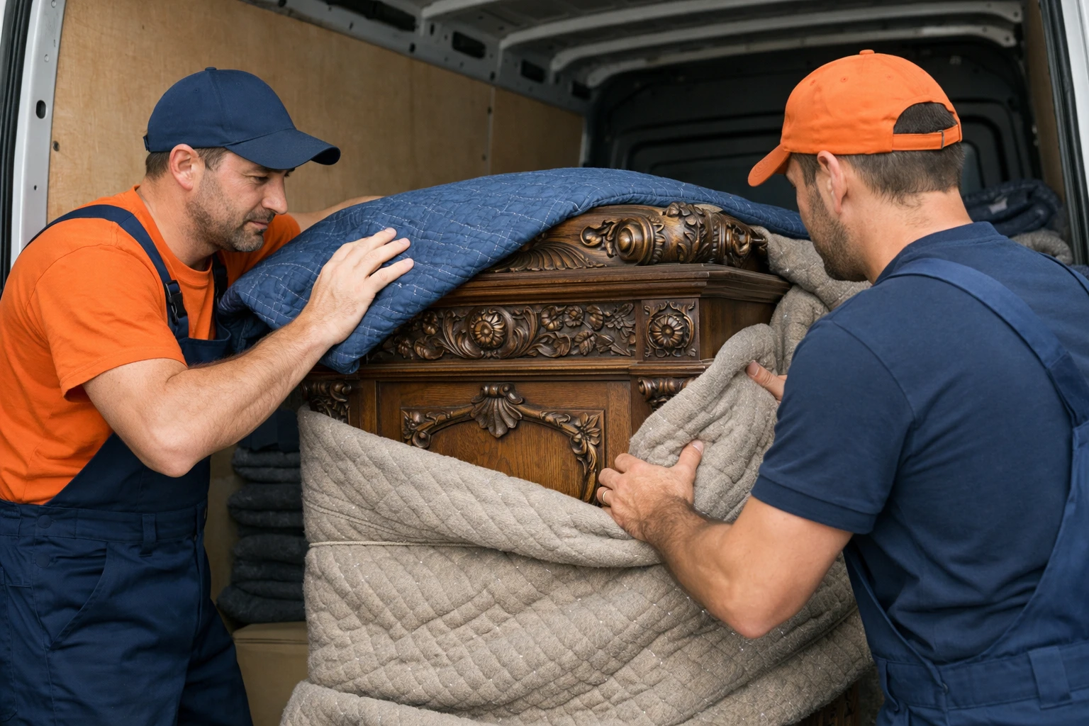Professional movers in work uniforms carefully wrapping an ornate antique wooden cabinet with protective blankets and foam padding inside a clean transport van, showing close attention to delicate carved details and fragile surfaces, Swiss setting