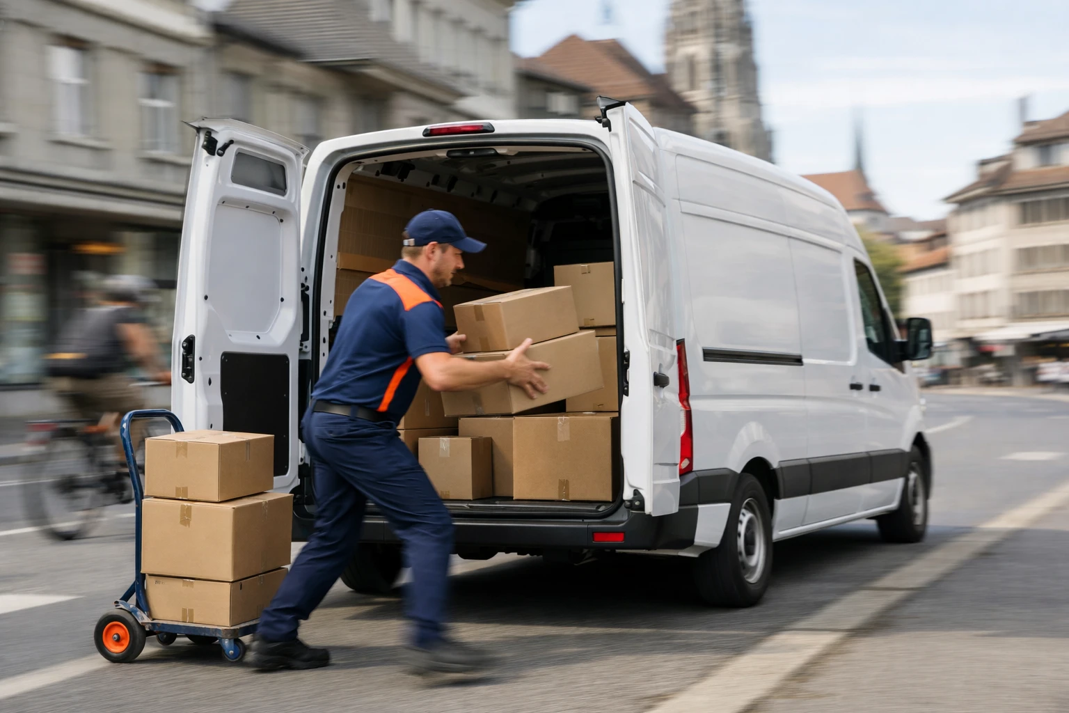 Swiss delivery professional loading urgent packages into modern white van in Fribourg urban street, dynamic movement suggesting speed and reliability, professional logistics in action, no text or signage visible