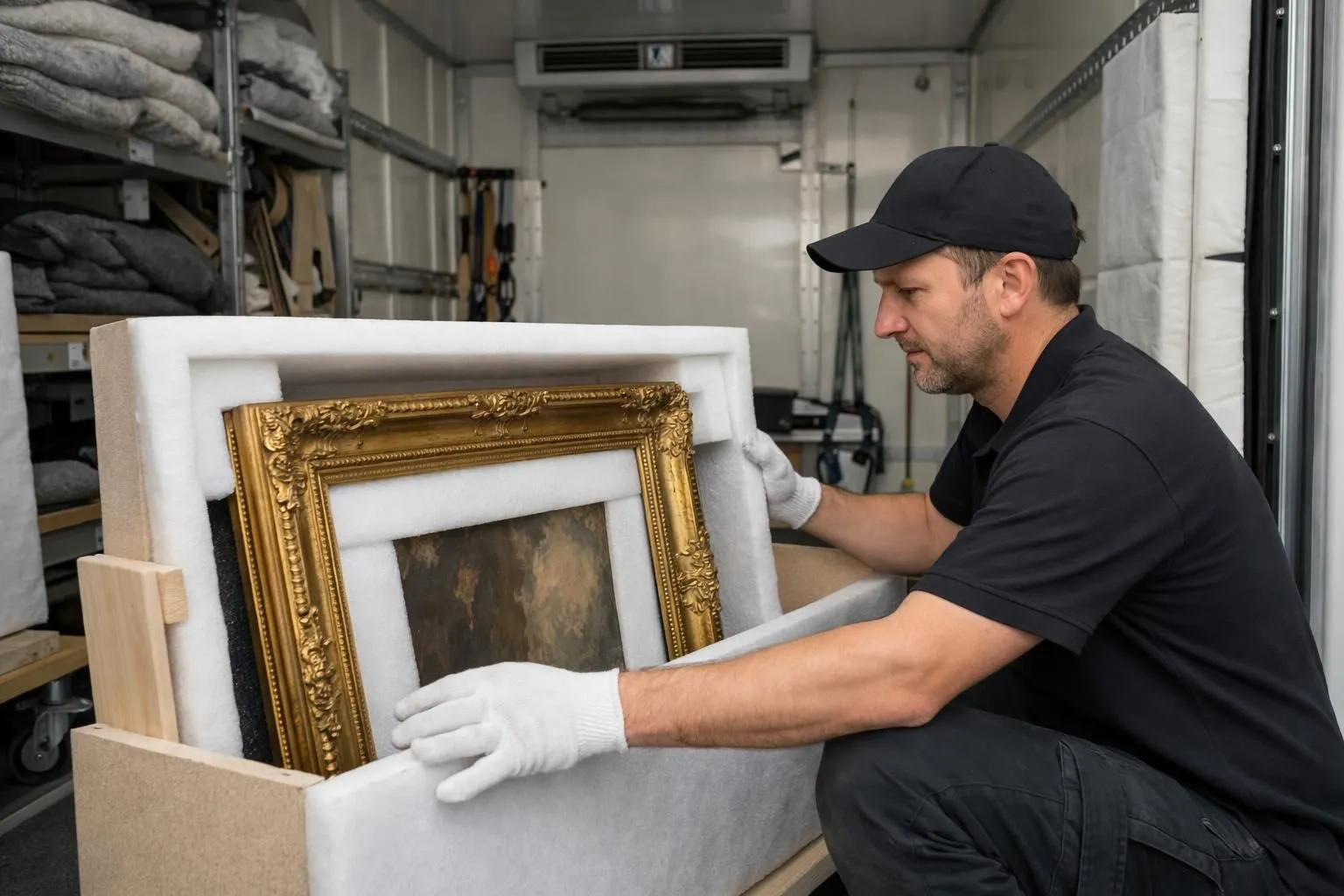Professional art handler in protective gloves carefully securing a gold-framed classical painting with custom foam padding inside a climate-controlled transport van in Switzerland, showing specialized equipment and careful handling techniques