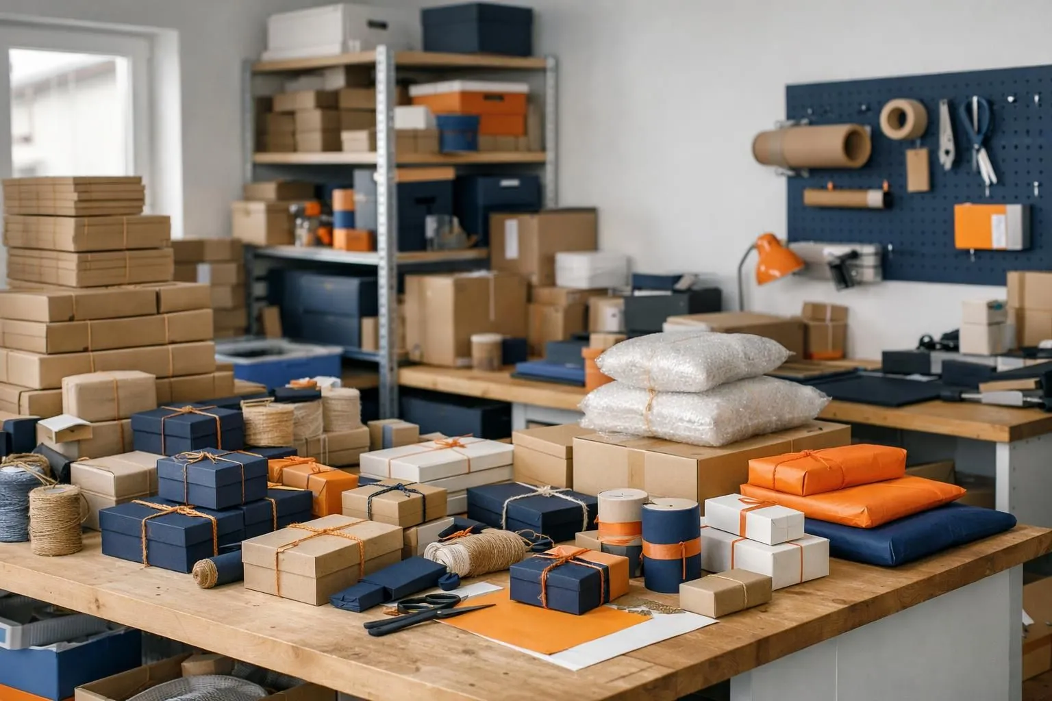 Swiss artisan workshop interior showing crowded workbench surrounded by stacked cardboard boxes and packaged products, illustrating space constraints and logistics challenges faced by small craft businesses