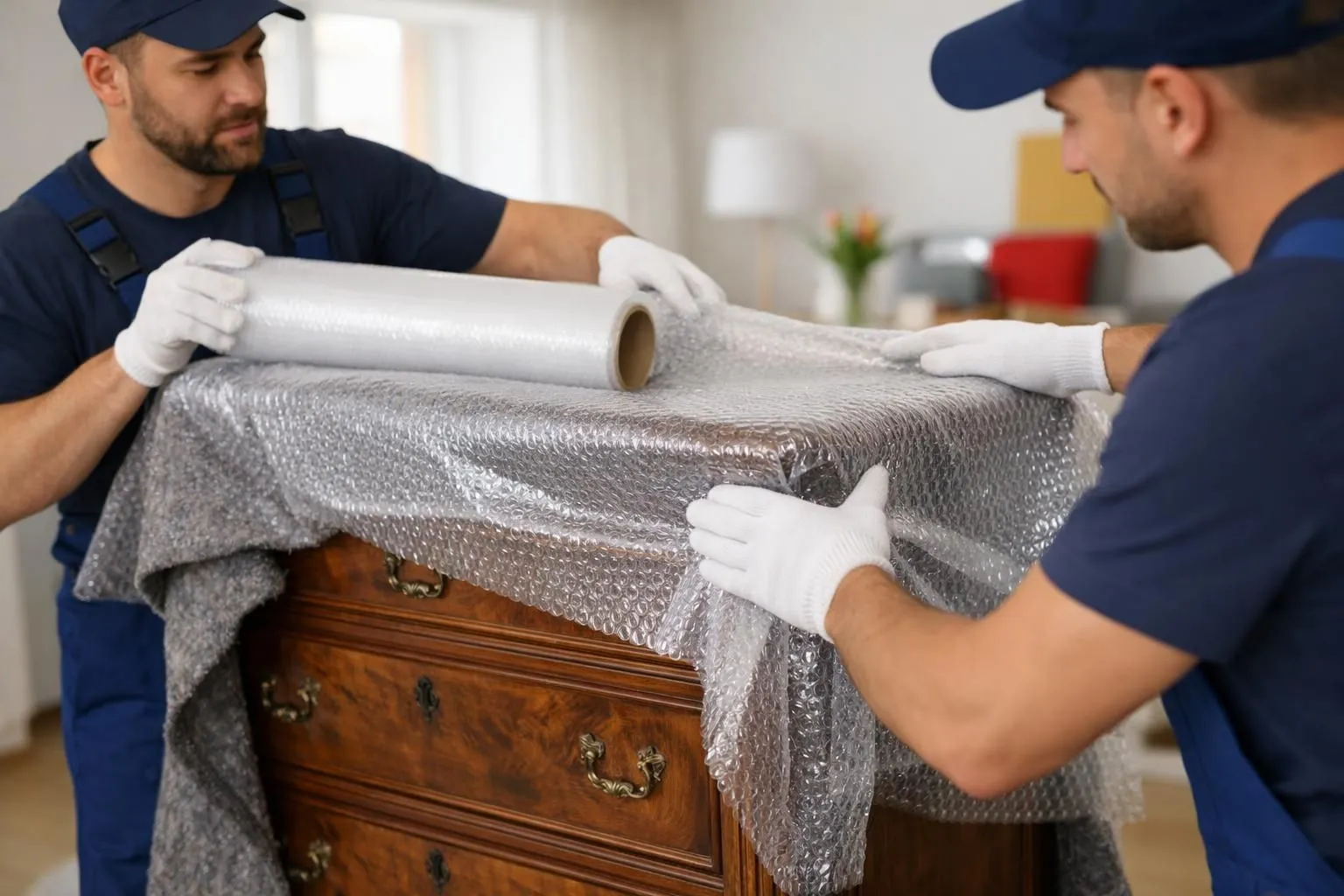 Professional movers in uniform carefully wrapping an antique wooden dresser with thick protective blankets and securing it with specialized straps in a bright Swiss apartment, close-up on protective materials and handling technique