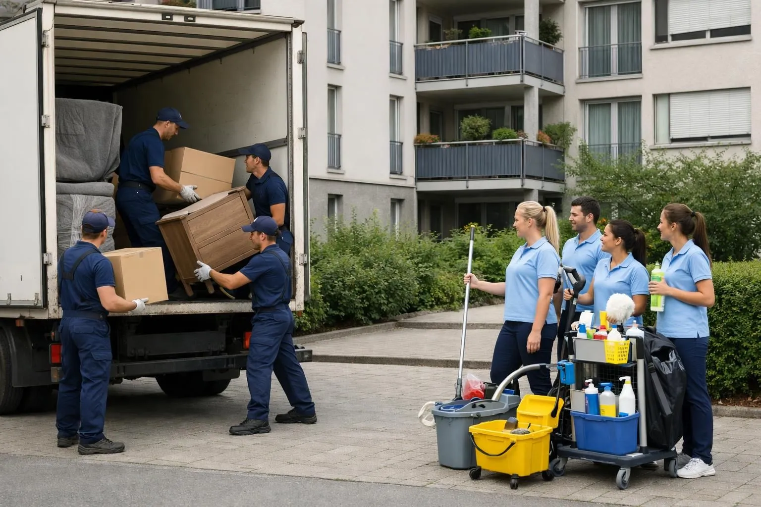 Professional moving crew loading furniture into a truck while cleaning team with supplies waits nearby in Swiss residential building courtyard, coordinated logistics scene showing seamless service integration