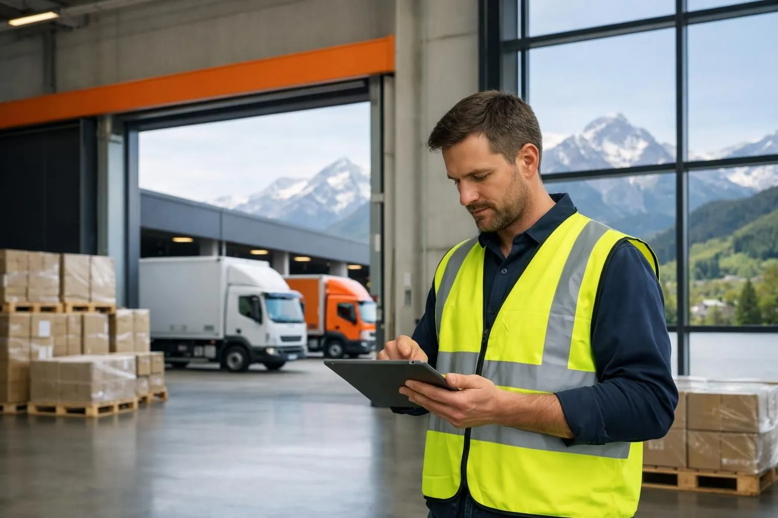 Professional logistics coordinator in high-visibility vest reviewing digital tablet with delivery schedule in modern Swiss warehouse, delivery trucks visible in background loading bay, Swiss Alps landscape through industrial windows, organized cargo area with pallets