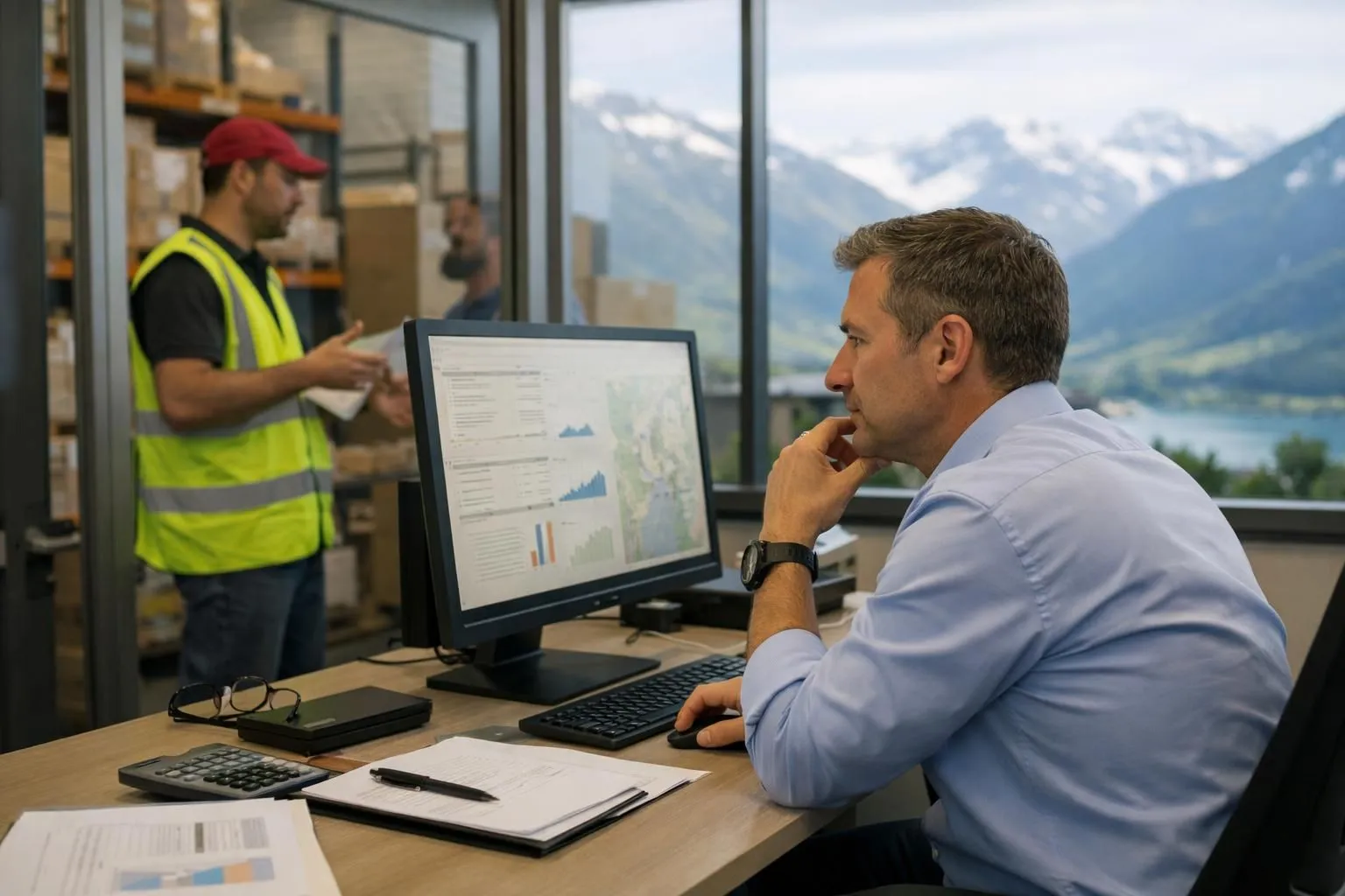 Swiss logistics manager analyzing transport cost data on computer screen in modern office with mountain view, professional discussing delivery routes with warehouse worker in background, realistic business setting showing cost optimization and efficiency planning, Swiss company environment