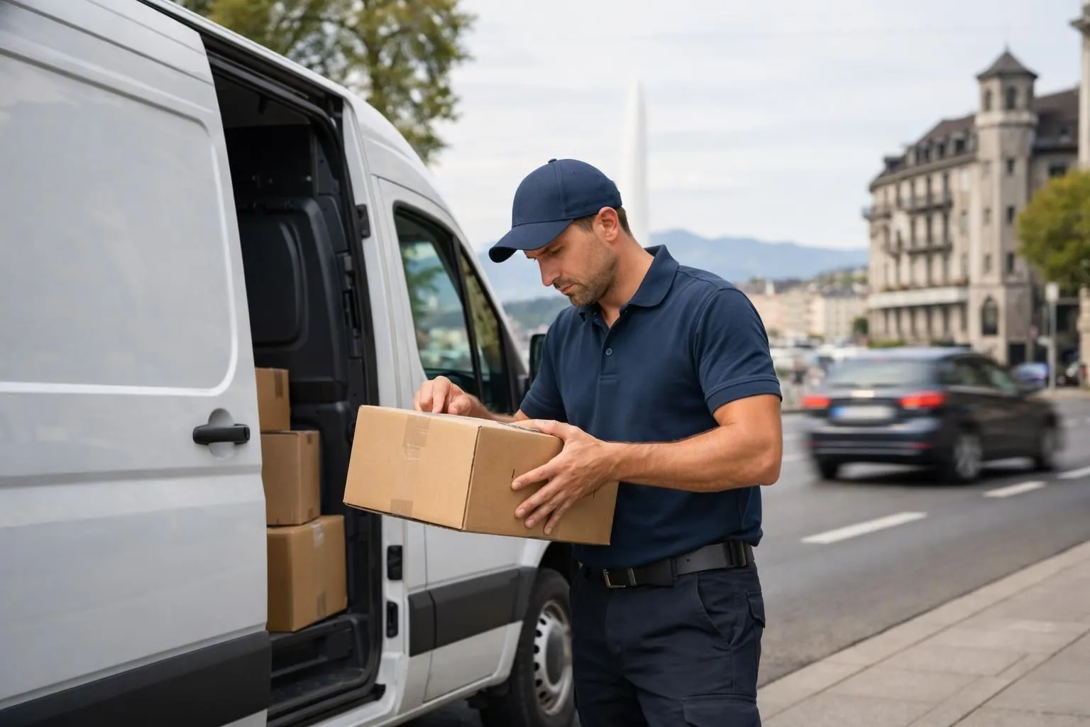 Professional delivery driver in uniform checking urgent package outside modern delivery van on Swiss city street, Geneva or Lausanne urban background, fast courier service concept with action showing speed and reliability