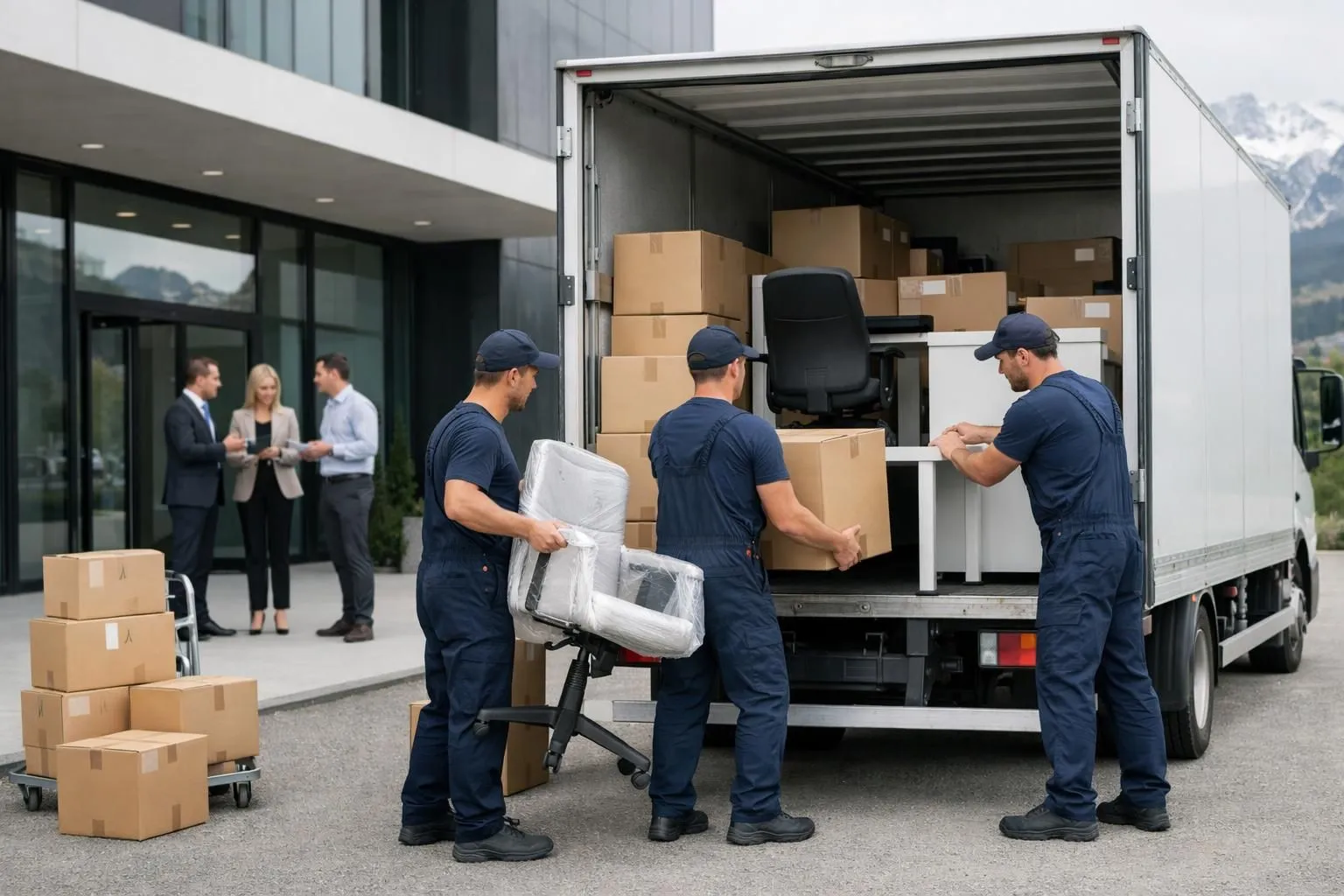 Professional movers in uniform carefully loading office furniture and labeled moving boxes onto a modern truck, with a business team coordinating in background near an office building entrance in Switzerland
