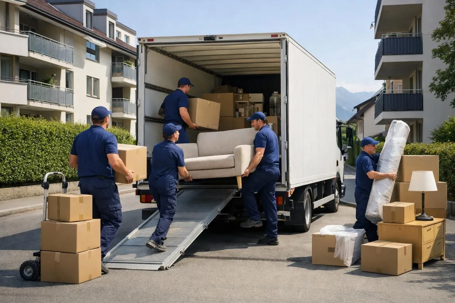 Professional moving crew loading cardboard boxes and furniture into white moving truck parked on typical Swiss residential street with modern apartment buildings, sunny day, realistic documentary style photography showing actual moving service in action