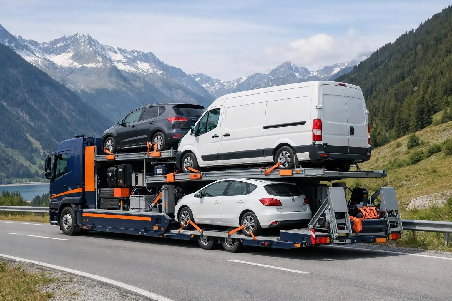Professional flatbed trailer loaded with multiple vehicles including compact car and utility van, secured with transport straps, Swiss alpine road setting with mountain backdrop, modern logistics equipment visible, realistic daytime lighting
