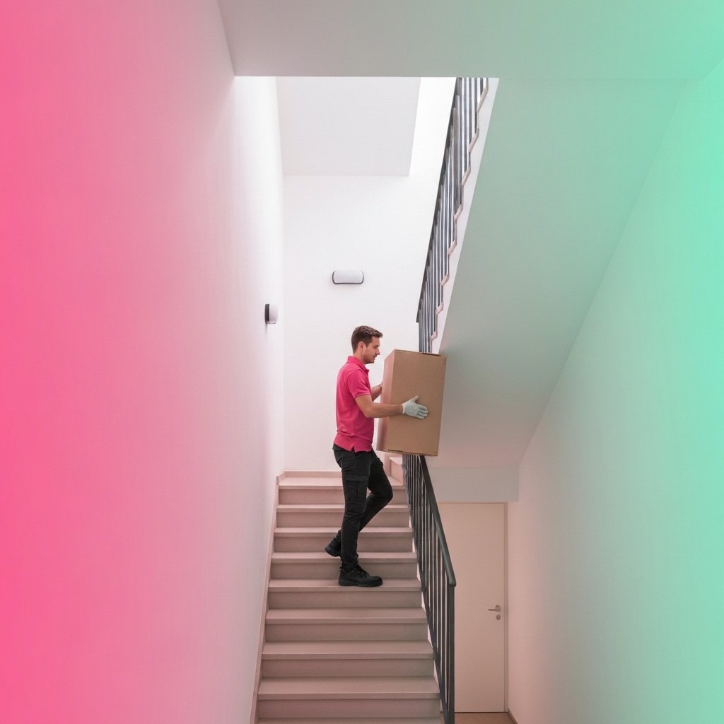 Delivery professional in uniform carefully maneuvering large furniture piece through narrow apartment stairwell in Swiss residential building