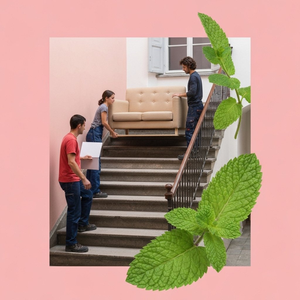 Déménageurs professionnels utilisant un monte-meubles pour hisser un canapé par une fenêtre d'un immeuble ancien suisse, avec des escaliers étroits visibles en arrière-plan