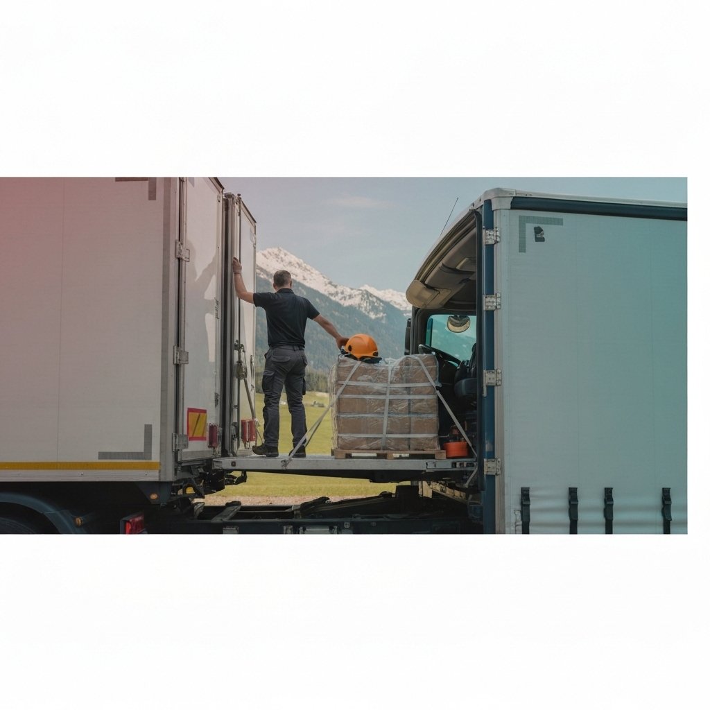 Professional LL Transport driver securing cargo with certified straps in a 3.5t commercial truck with attached trailer, Swiss mountains visible through windshield, safety vest and equipment organized in cabin