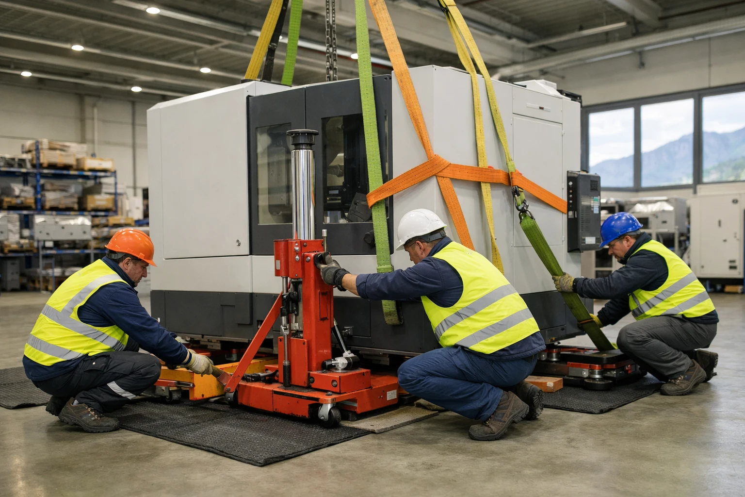 Professional team in safety vests maneuvering heavy industrial machinery with hydraulic lift in modern Swiss warehouse, featuring specialized equipment straps and protective floor coverings