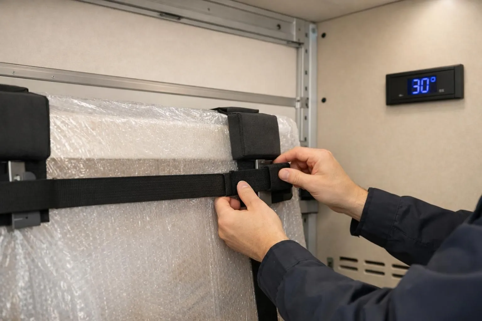 Interior of a specialized climate-controlled transport van with padded walls, custom mounting brackets securing wrapped artwork, and digital temperature monitoring display visible on the wall, professional lighting showing secure transportation setup for valuable items