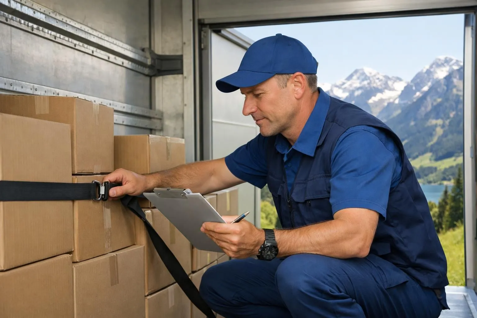 Professional Swiss truck driver in blue uniform carefully securing cardboard boxes with straps inside a clean modern cargo truck, checking cargo documentation on clipboard, Swiss Alps visible through truck window, bright natural daylight, realistic professional photography style