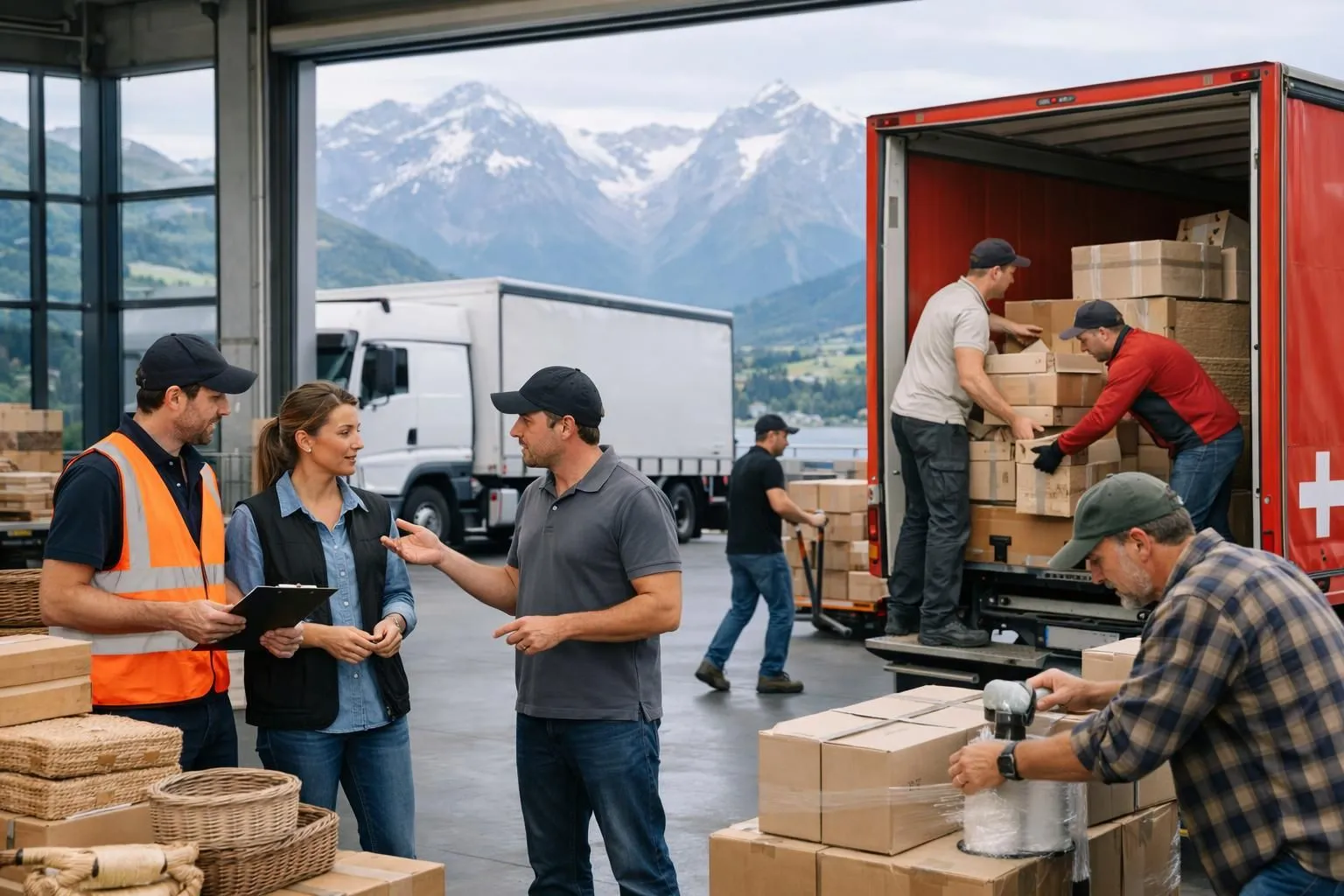 Professional logistics warehouse with Swiss transport trucks being loaded with artisanal products, workers coordinating shipments in modern facility with Alpine landscape visible through windows, representing comprehensive logistics solutions for craft businesses