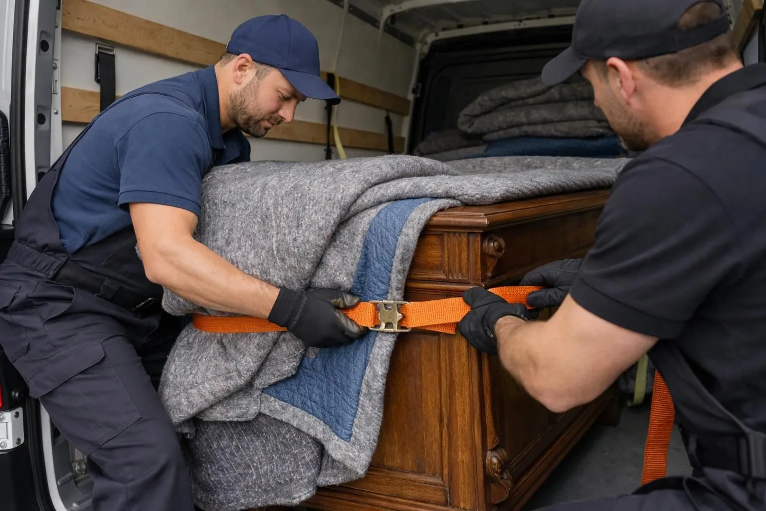 Professional movers securing antique wooden furniture with thick protective blankets and professional straps inside a clean Swiss delivery van, showing proper handling techniques for fragile items