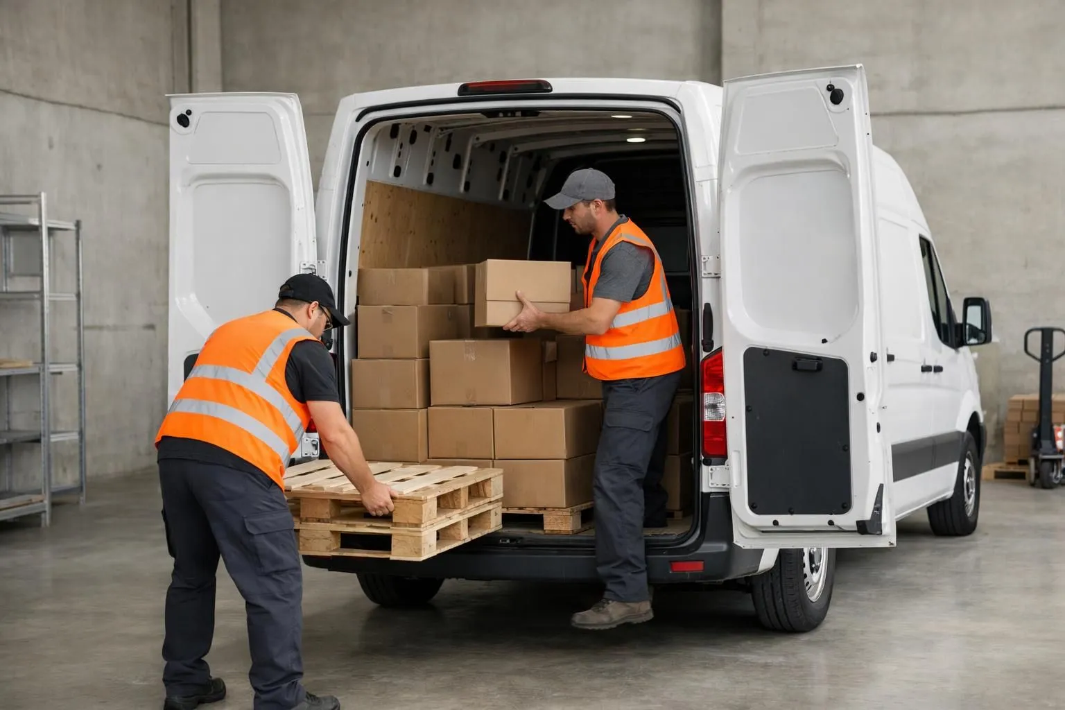 Modern white delivery van with open cargo doors being loaded with cardboard boxes and wooden pallets in bright warehouse, two workers in orange safety vests organizing freight shipment, clean industrial setting with concrete floor