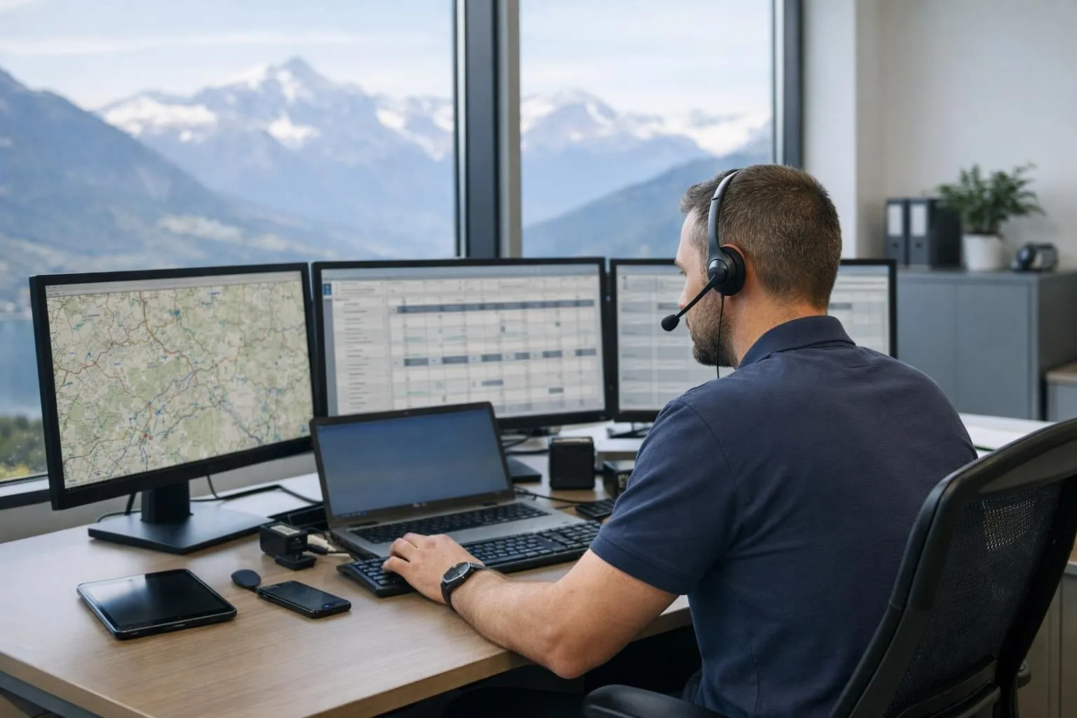 Modern logistics control center in Switzerland with multiple computer screens showing route optimization maps and delivery schedules, professional logistics manager analyzing data on dashboard, clean office environment with Swiss mountain view through window, focus on technology and efficiency