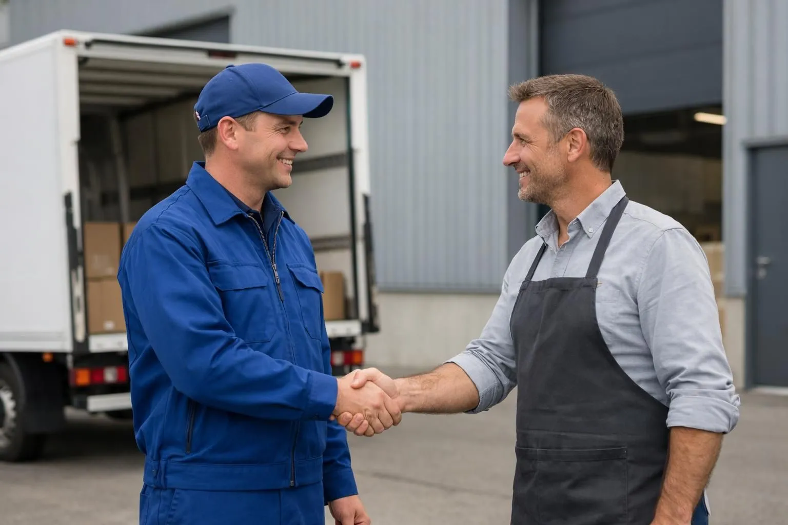 Professional Swiss delivery driver in blue uniform shaking hands with small business owner in front of modern warehouse, white delivery van with open cargo area visible in background, natural daylight, real photography style showing trust and local partnership