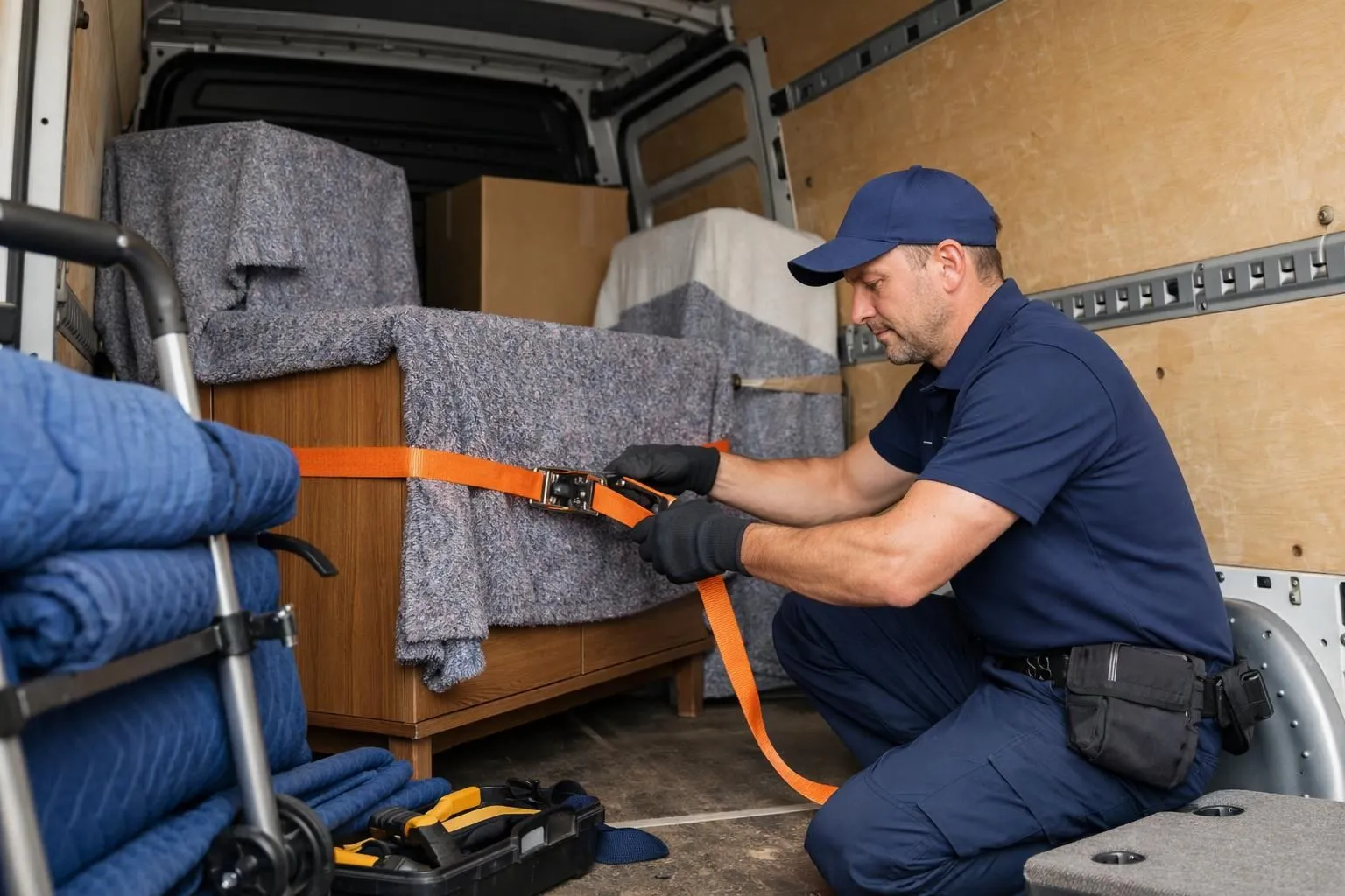 Professional moving truck driver in uniform carefully securing furniture with straps inside a modern cargo van, equipment includes protective blankets and professional loading tools, natural lighting showing attention to detail and expertise in Swiss transport context