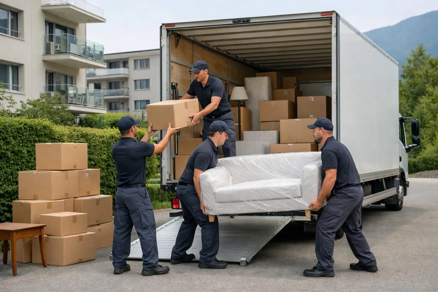 Professional movers in dark uniforms carefully loading furniture and sealed cardboard boxes into modern moving truck in Swiss residential neighborhood with neat apartments and green surroundings