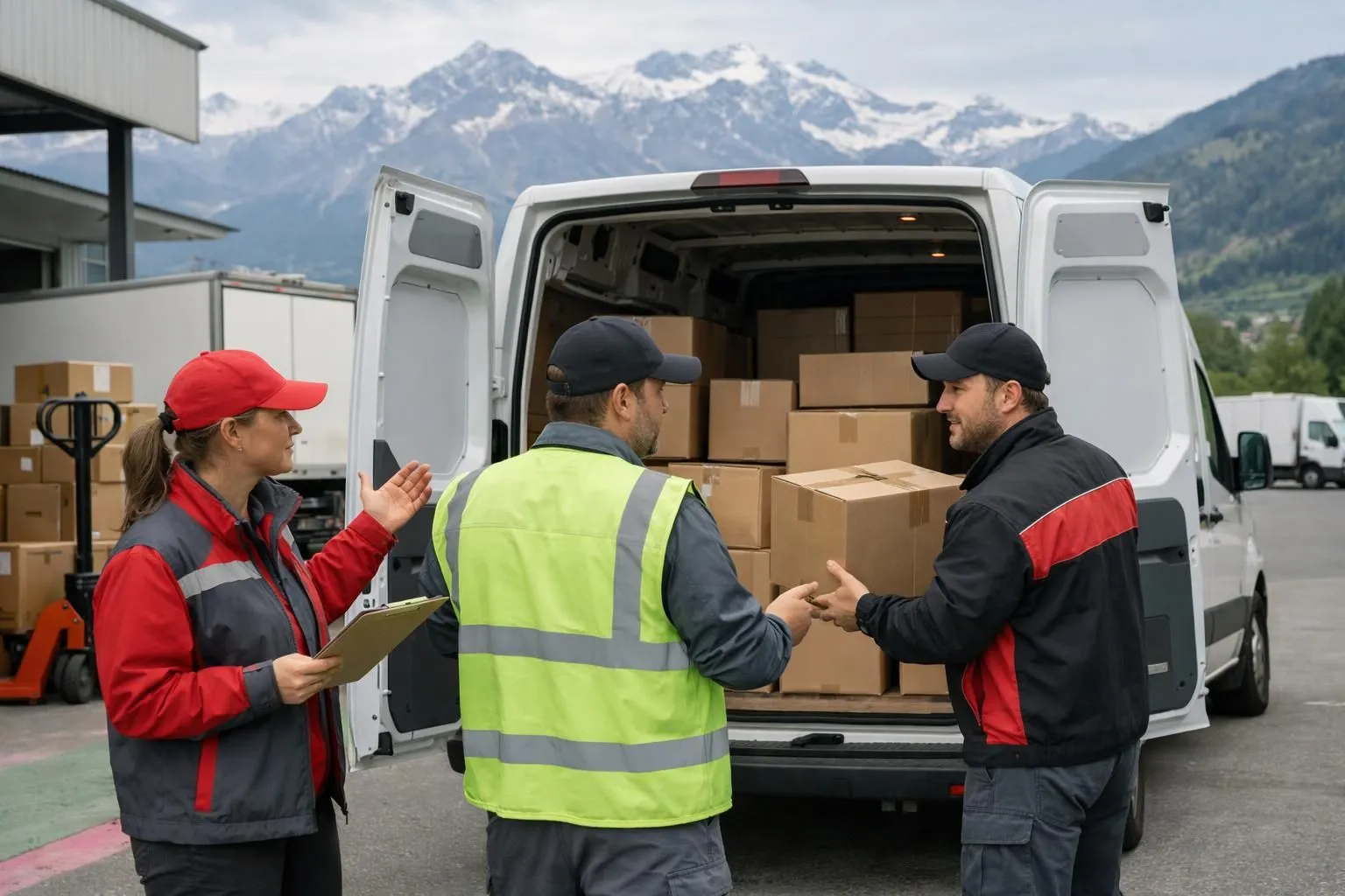 Modern delivery van being loaded with packages in a Swiss urban setting, warehouse workers coordinating logistics operations, professional transport activity in Suisse romande with mountains visible in background, realistic documentary style showing the bustling logistics industry