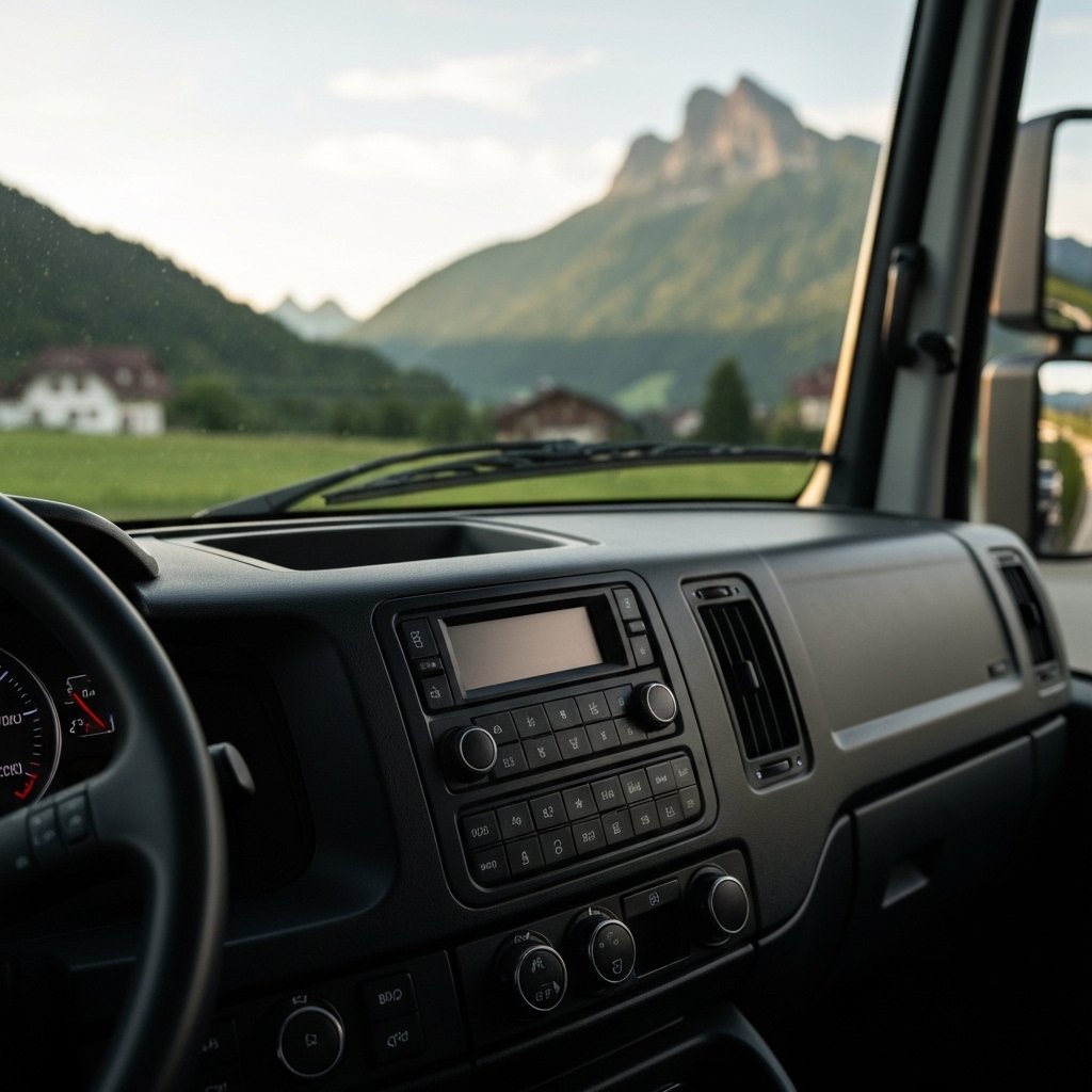 Un camion de livraison LL Transport Sàrl propre et moderne, garé devant une maison en Suisse, avec un paysage de fond typiquement suisse (lac ou montagnes).