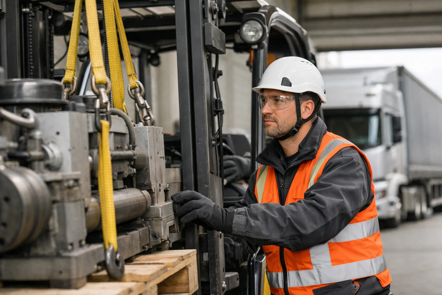 Professional forklift operator wearing safety gear and helmet using certified SUVA equipment to carefully lift heavy industrial machinery in Swiss warehouse, with modern transport truck visible in background, emphasizing safety protocols and professional handling techniques