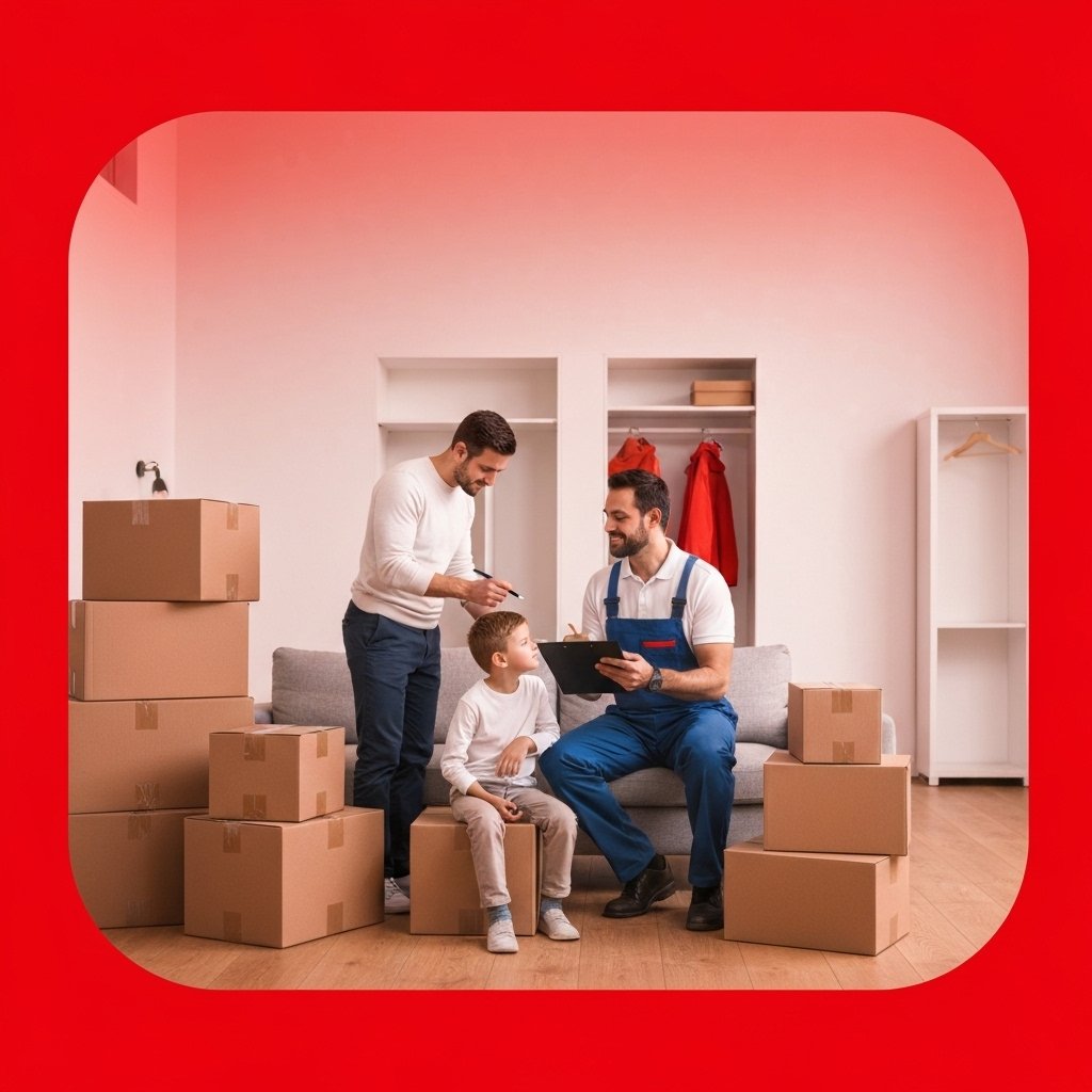 Professional mover examining clipboard with customer in living room filled with packed boxes, discussing hidden costs and contract details in modern Swiss home
