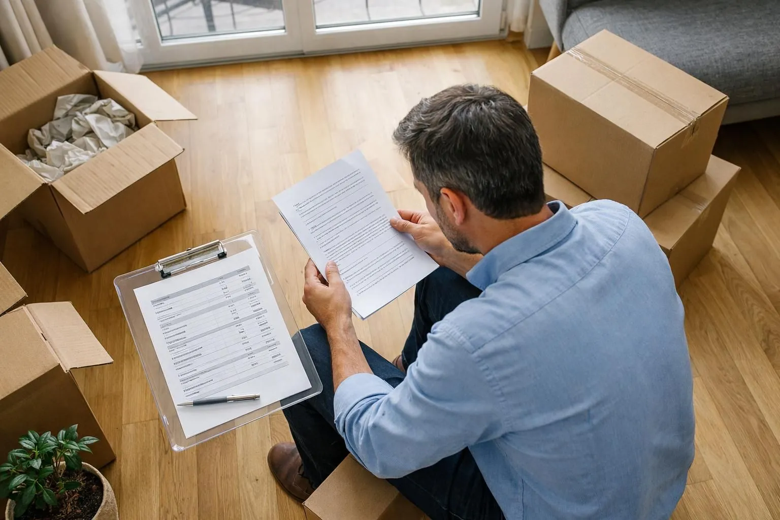 A moving professional looking at a detailed contract document while standing next to cardboard boxes in a Swiss apartment, with a transparent clipboard showing itemized costs, photographed in natural daylight with focus on trustworthy business practices