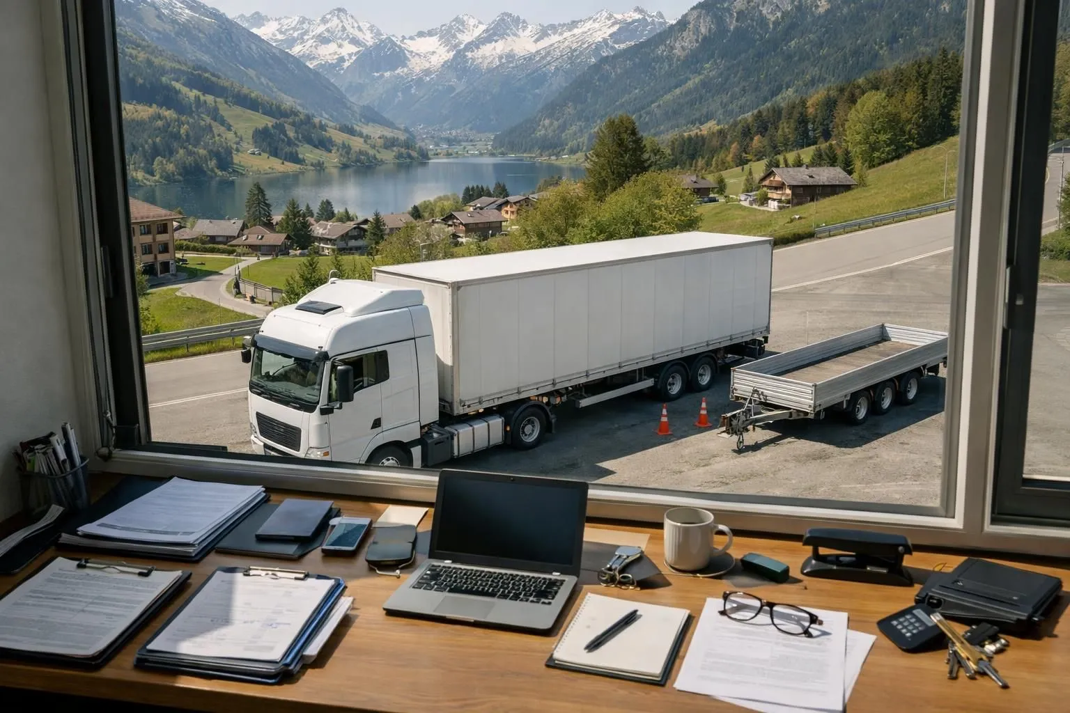 Transport truck driver checking transparent rate sheet in Swiss mountain setting, professional consultation scene with small delivery van and trailer visible in background, realistic photography style showing honest business practices in Swiss transport industry, natural lighting