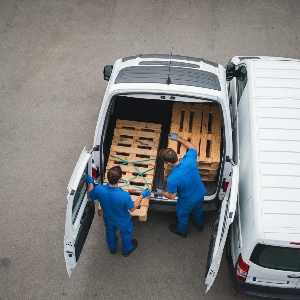 Professional independent delivery driver in blue uniform carefully loading secured pallets into modern white cargo van at Swiss company warehouse, with focus on personalized handling and flexibility, natural daylight, realistic business photography style