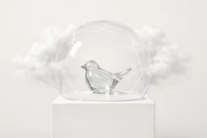 Illustration minimaliste démystifiant les mythes sur le transport de marchandises fragiles, montrant un oiseau en verre intac