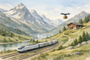 Illustration aquarelle douce du futur du transport de marchandises en Suisse: train autonome et drone dans les Alpes.