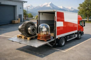 Camion avec hayon élévateur suisse transportant des objets lourds et délicats, illustration isométrique moderne.