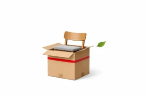 Service d'enlèvement de meubles suisse rapide et sécurisé, illustré par une boîte et une chaise stylisées et une feuille vert