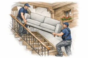 Livraison meuble à l'étage suisse: professionnels montent un canapé en toute sécurité.