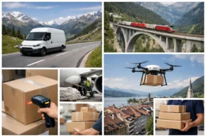 Collage: camion, train, drone pour le transport express suisse. Comparez les tarifs et coûts de livraison en 2026.