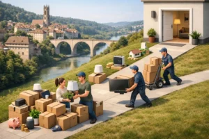 Image isométrique ludique : déménagement pas cher à Fribourg avec des déménageurs de qualité, illustrant l'économie et l'orga