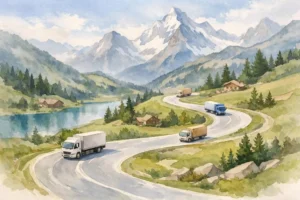 Illustration aquarelle d'un camion sur une route sinueuse en Suisse, symbolisant l'optimisation des trajets via une bourse de